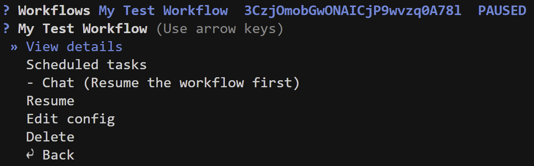 Chariot CLI Workflows menu