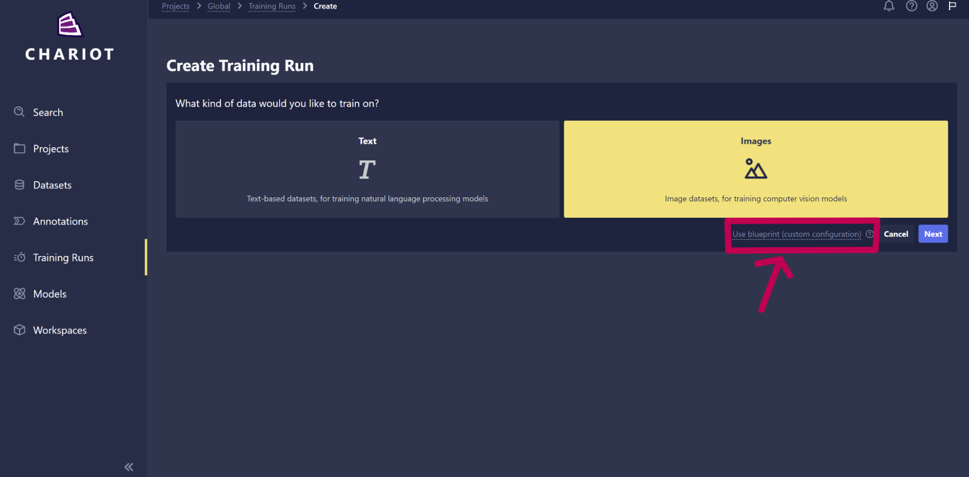 Create a training run with a custom configuration
