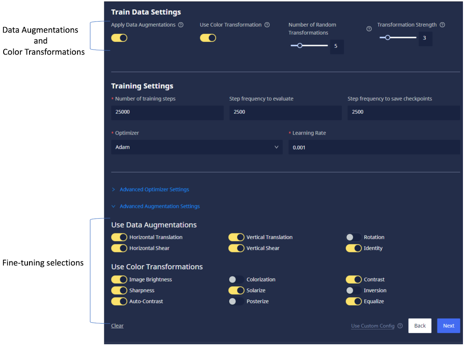 Screenshot of Chariot interface showing the controls for data augmentations, color transformations, and fine tuning