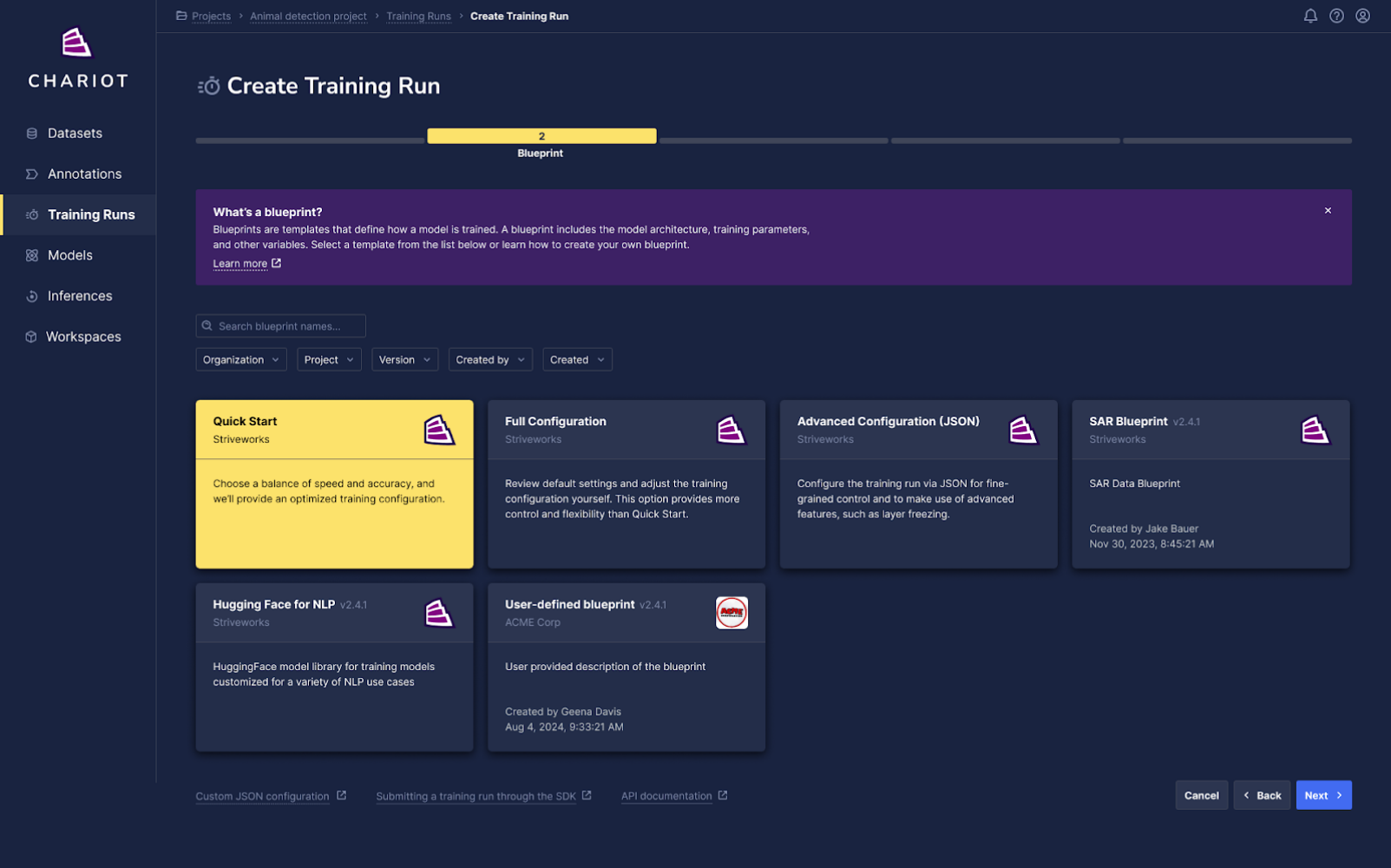 Quick start option when creating a training run