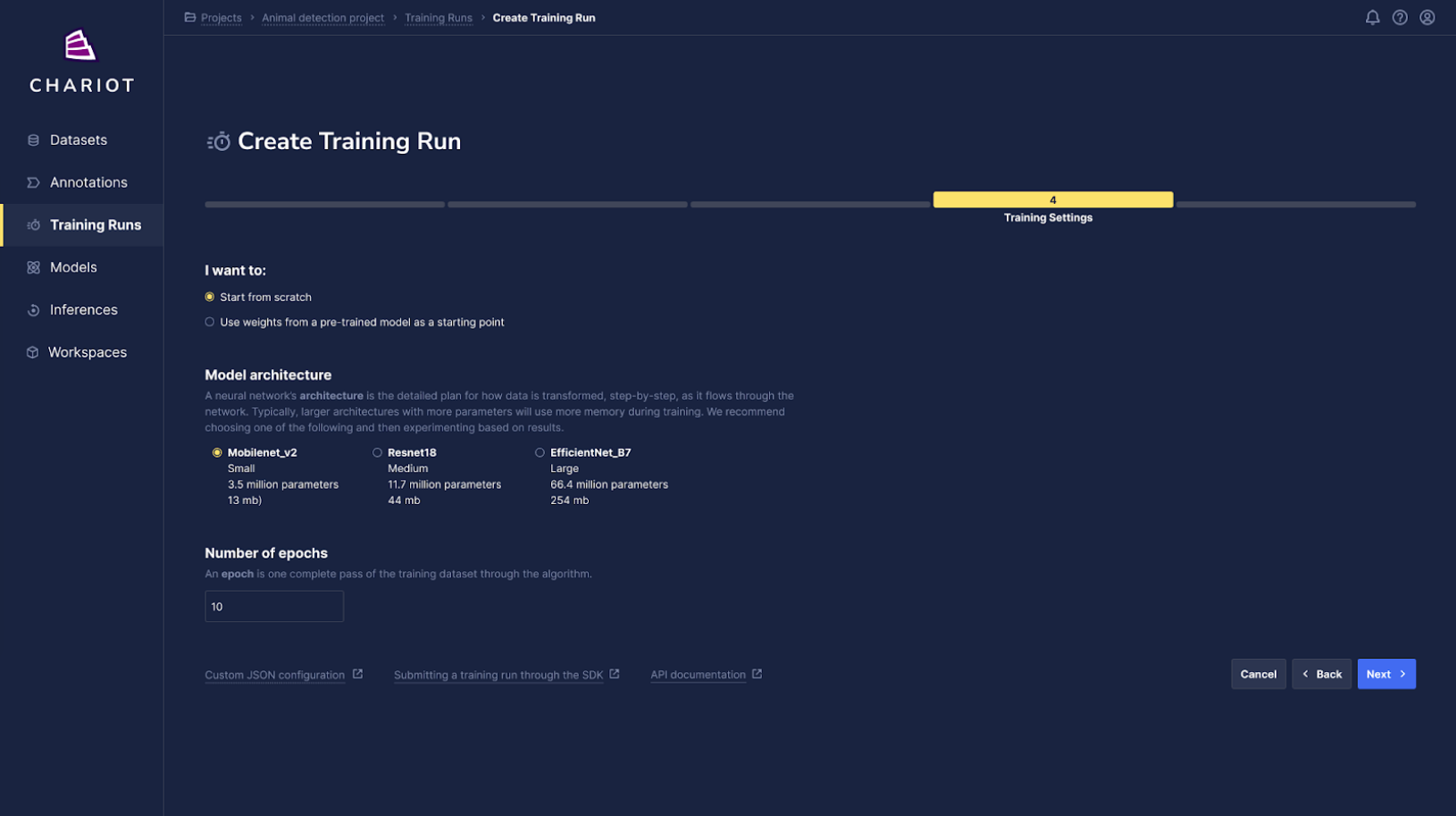 Quick start training settings