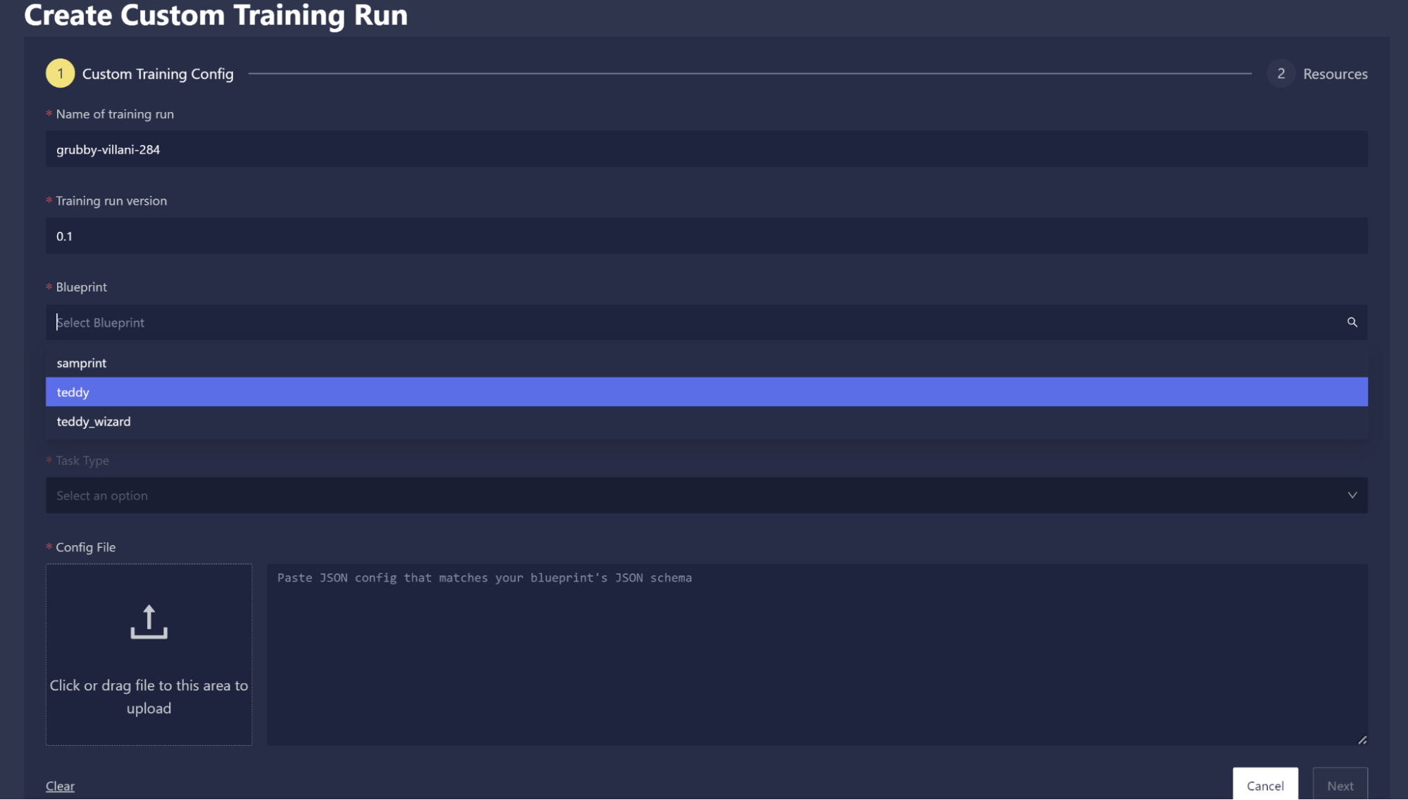 Select a blueprint to use for the training run