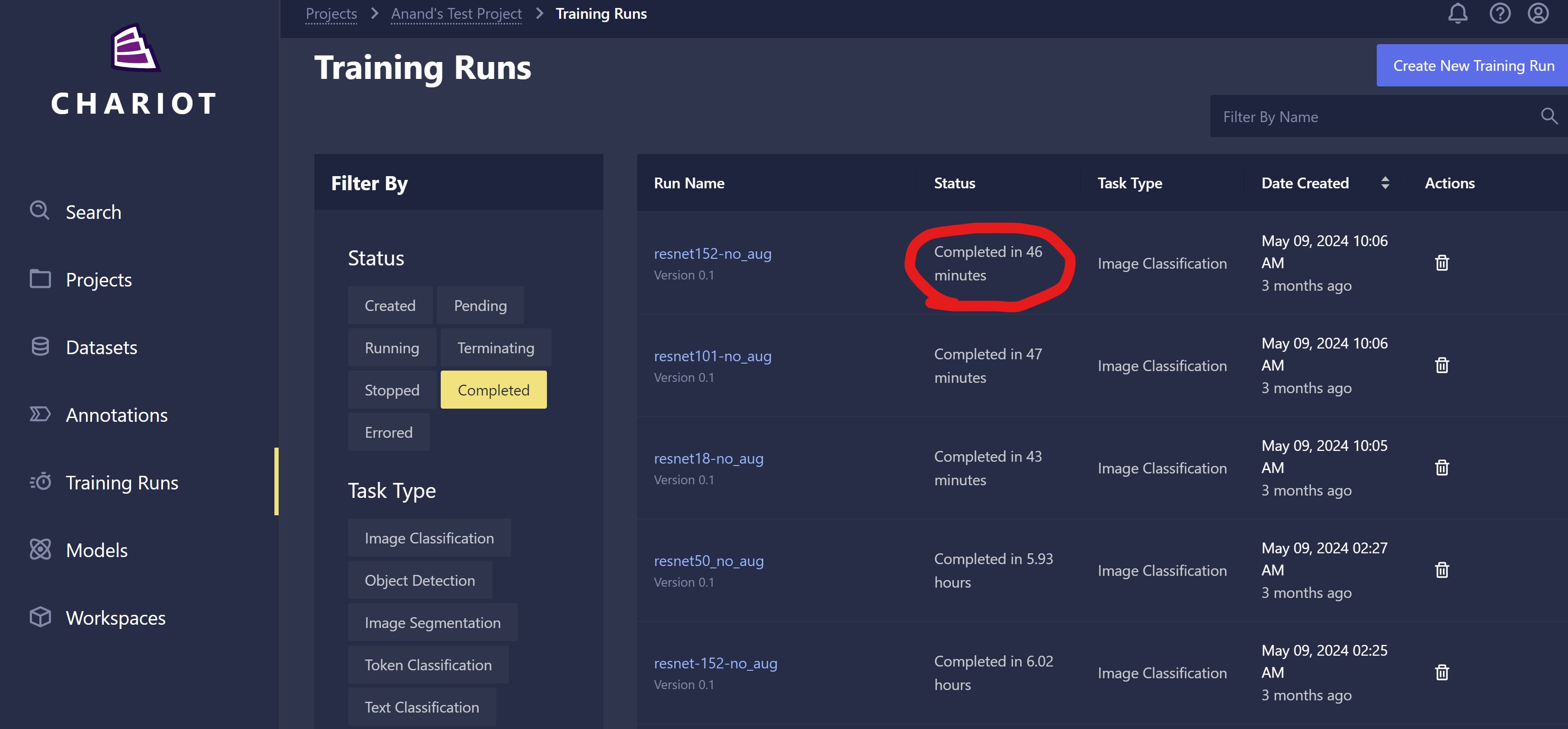 Training run time on training list page