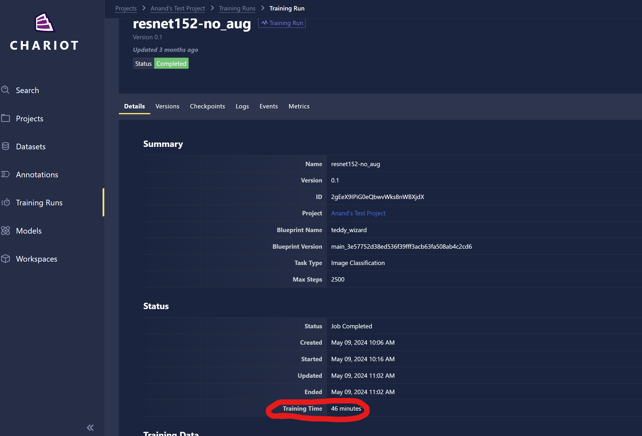 Training run time on details page